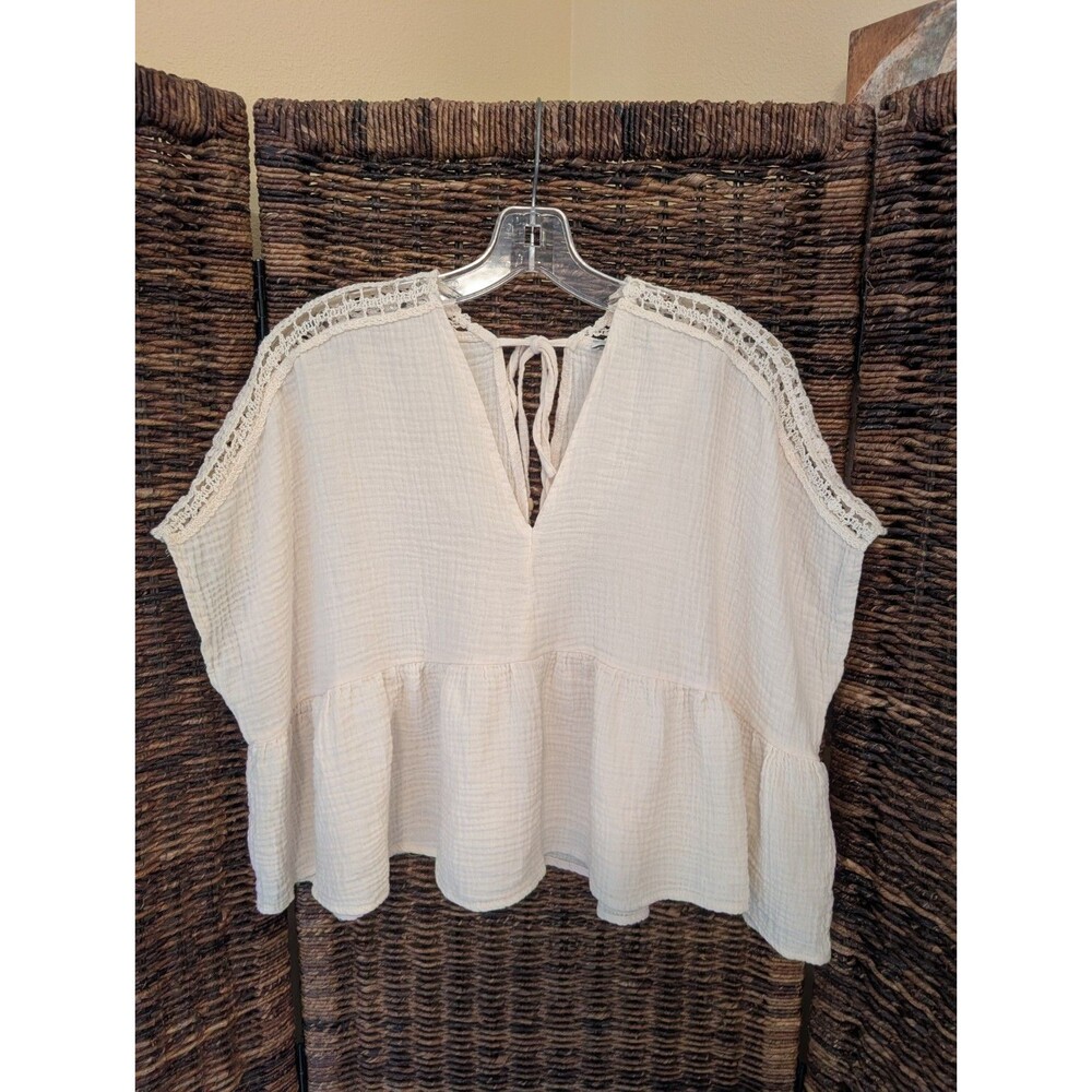 Piaza Italia Crochet Gauze Cotton Blouse Top Medium Cream Crop Boho Boxy Tie
